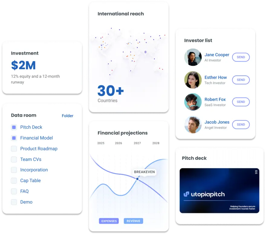 Investment, data room, investor list, financial projections and pitch deck panels