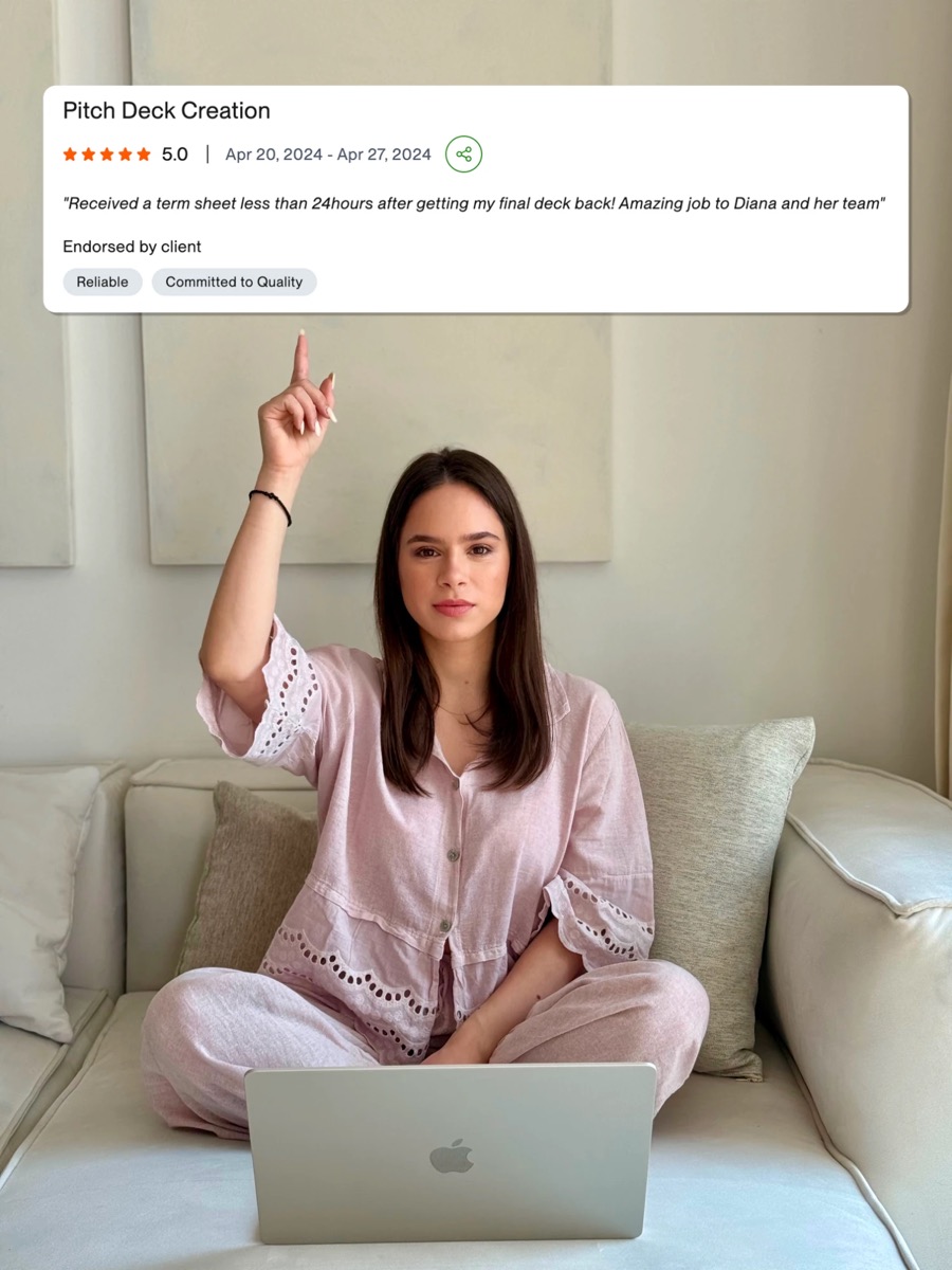 Diana Dragan, co-founder of utopiapitch, with a five-star client review: received a term sheet less than 24 hours after getting the final deck back